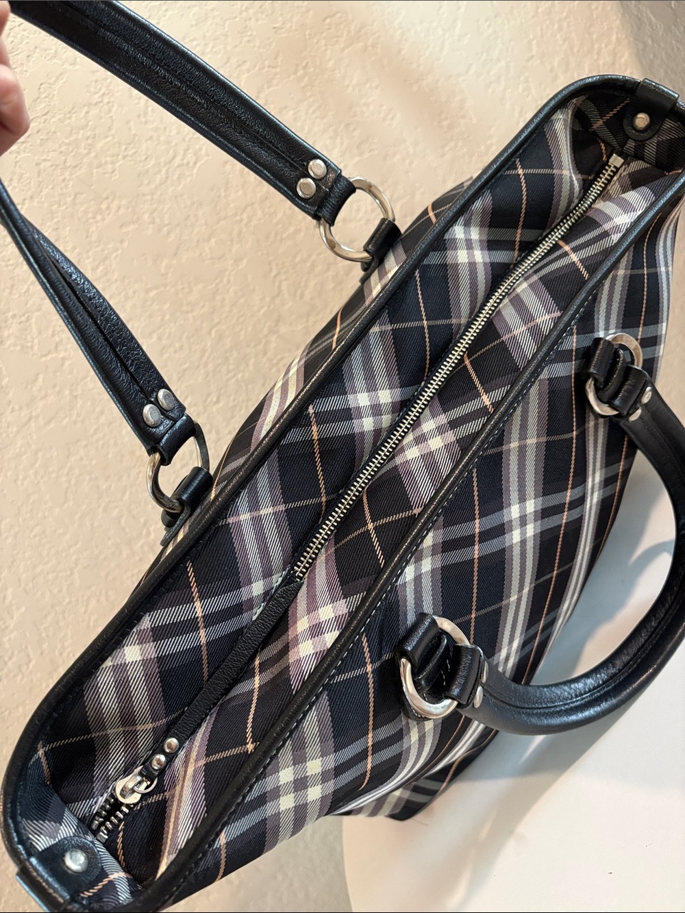 Burberry Black Plaid Tote Canvas Bag with Leather Handles - Picture 7 of 16